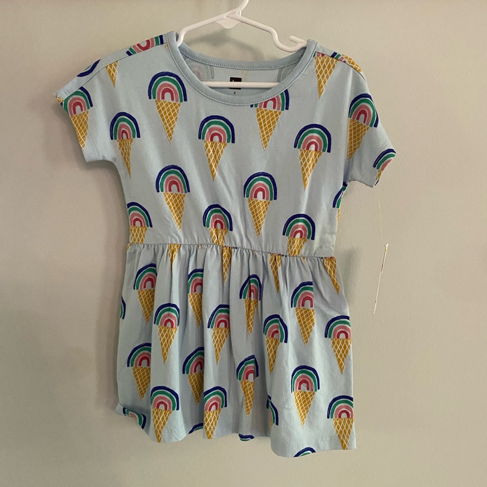 Tea Collection Blue Dress with Rainbow and Gold Cone Print